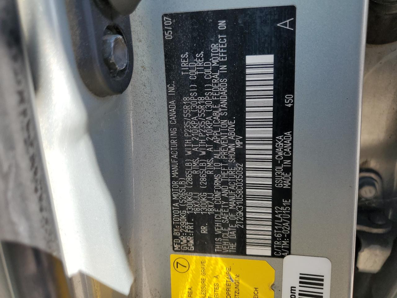 2008 Lexus Rx 350 VIN: 2T2GK31U58C035092 Lot: 66942305