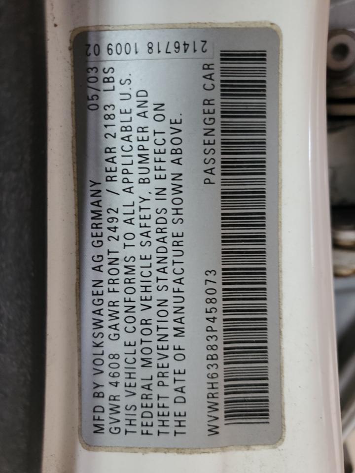 2003 Volkswagen Passat Glx VIN: WVWRH63B83P458073 Lot: 62129105