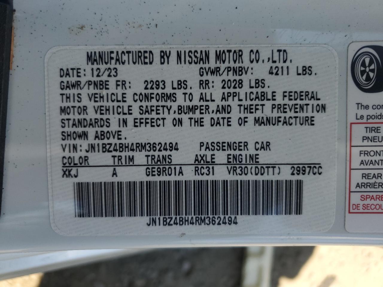 2024 Nissan Z Performance VIN: JN1BZ4BH4RM362494 Lot: 64392105