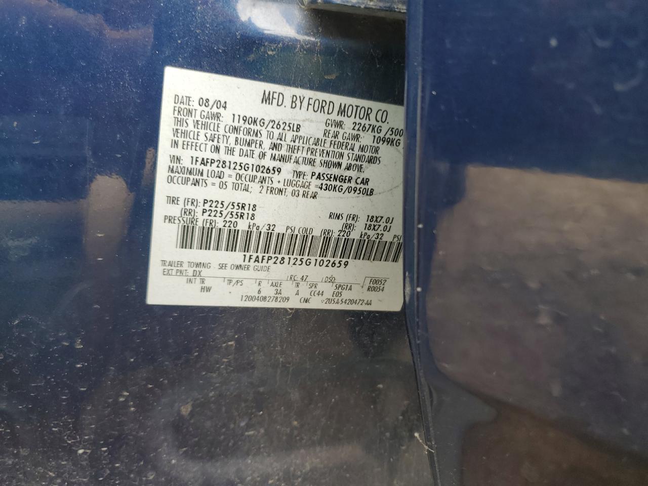 2005 Ford Five Hundred Limited VIN: 1FAFP28125G102659 Lot: 64398115