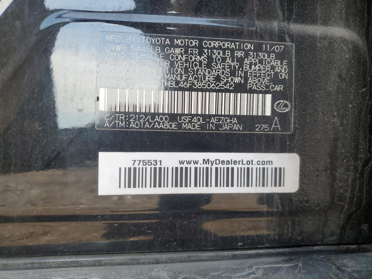 2008 Lexus Ls 460 VIN: JTHBL46F385062542 Lot: 64120125