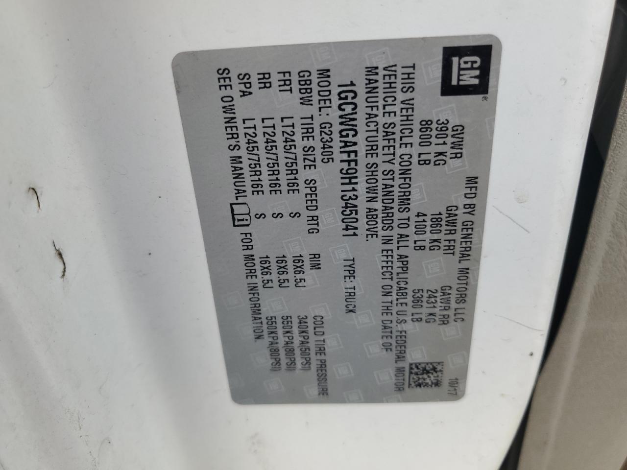 2017 Chevrolet Express G2500 VIN: 1GCWGAFF9H1345041 Lot: 65136055
