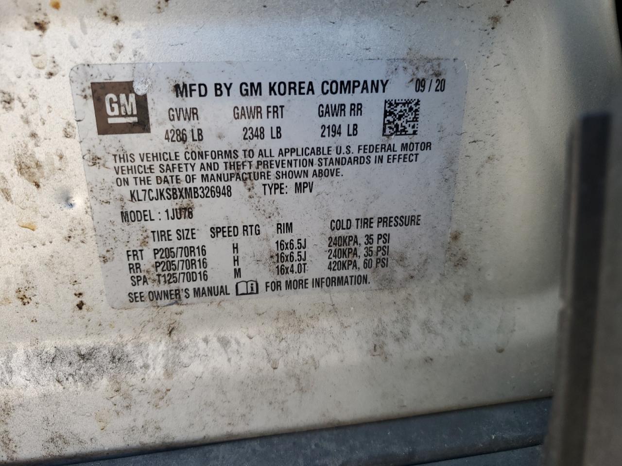 2021 Chevrolet Trax Ls VIN: KL7CJKSBXMB326948 Lot: 63663915