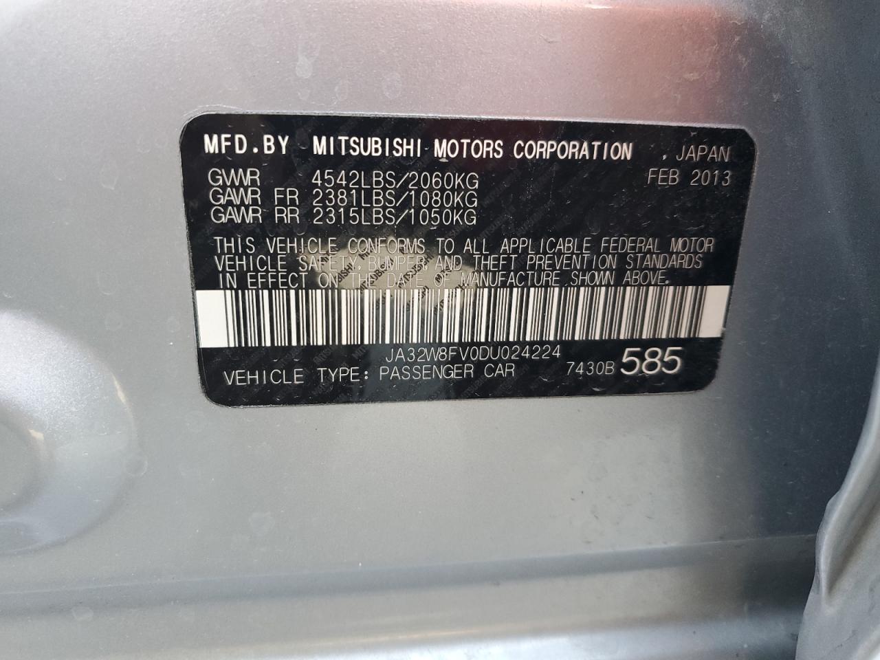 2013 Mitsubishi Lancer Evolution Gsr VIN: JA32W8FV0DU024224 Lot: 64683255