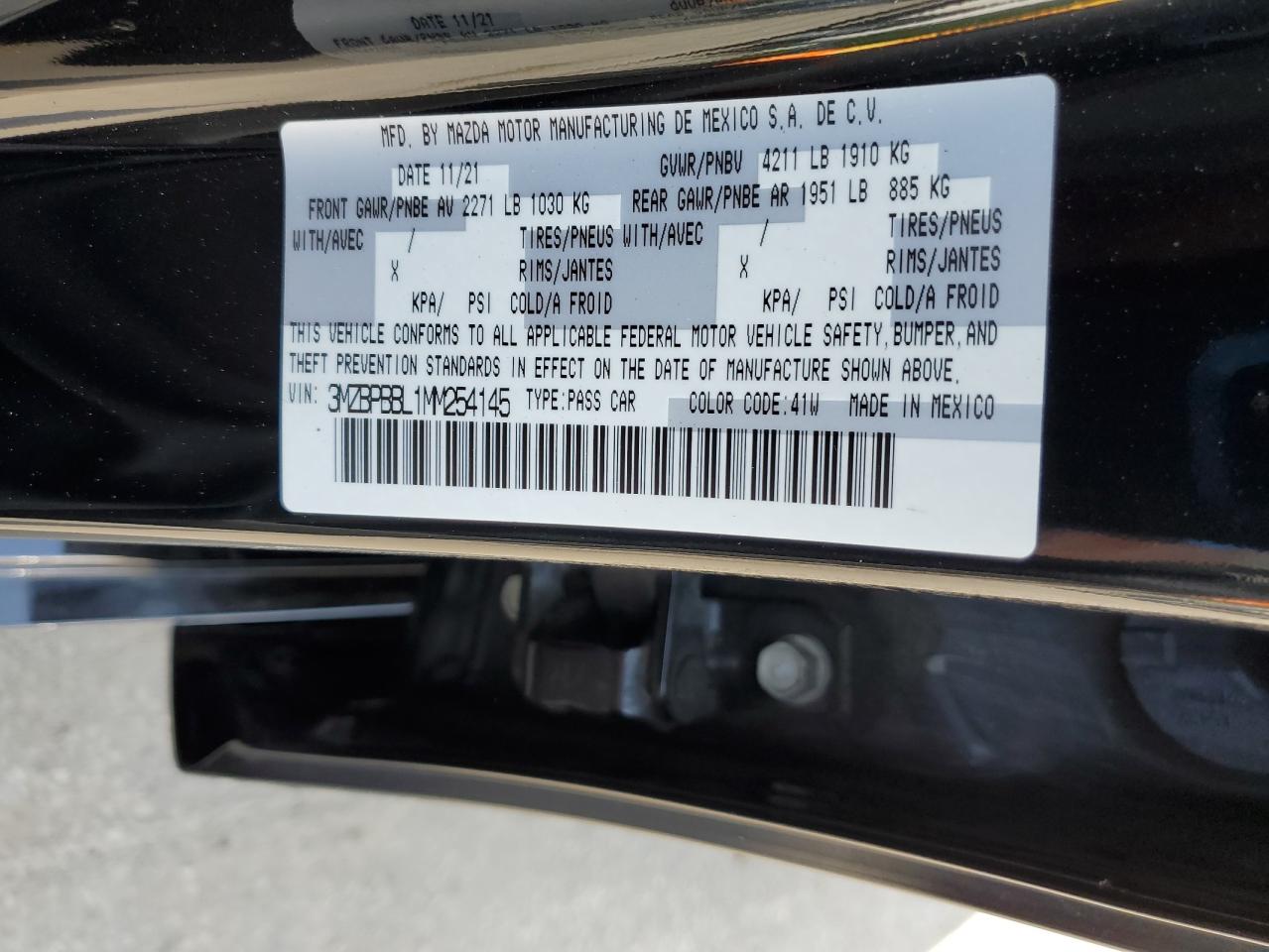2021 Mazda 3 Select VIN: 3MZBPBBL1MM254145 Lot: 63966885