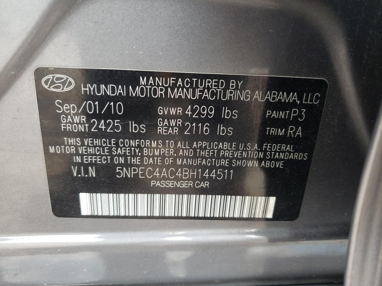 2011 Hyundai Sonata Se VIN: 5NPEC4AC4BH144511 Lot: 65146915