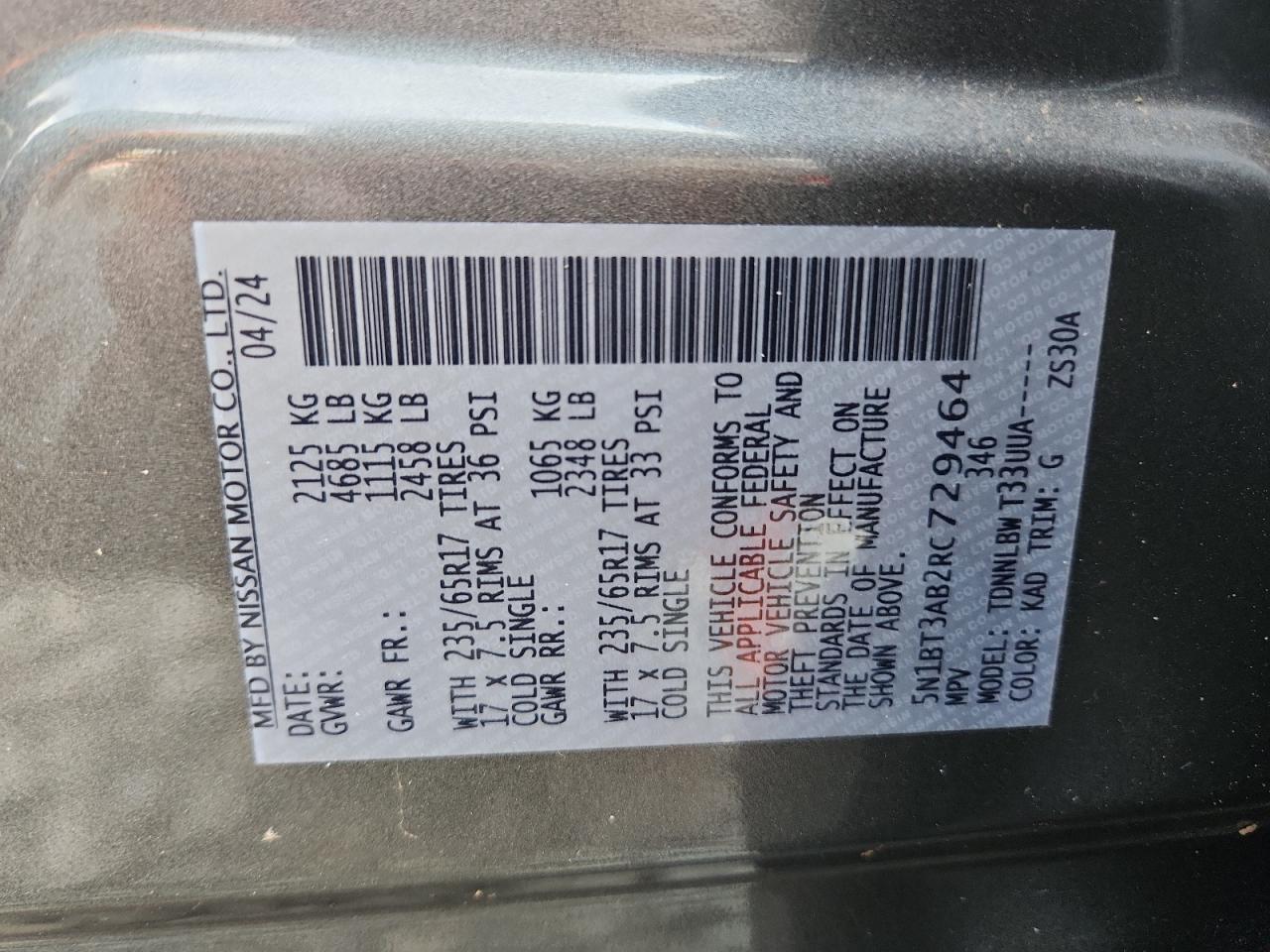 2024 Nissan Rogue S VIN: 5N1BT3AB2RC729464 Lot: 65501065