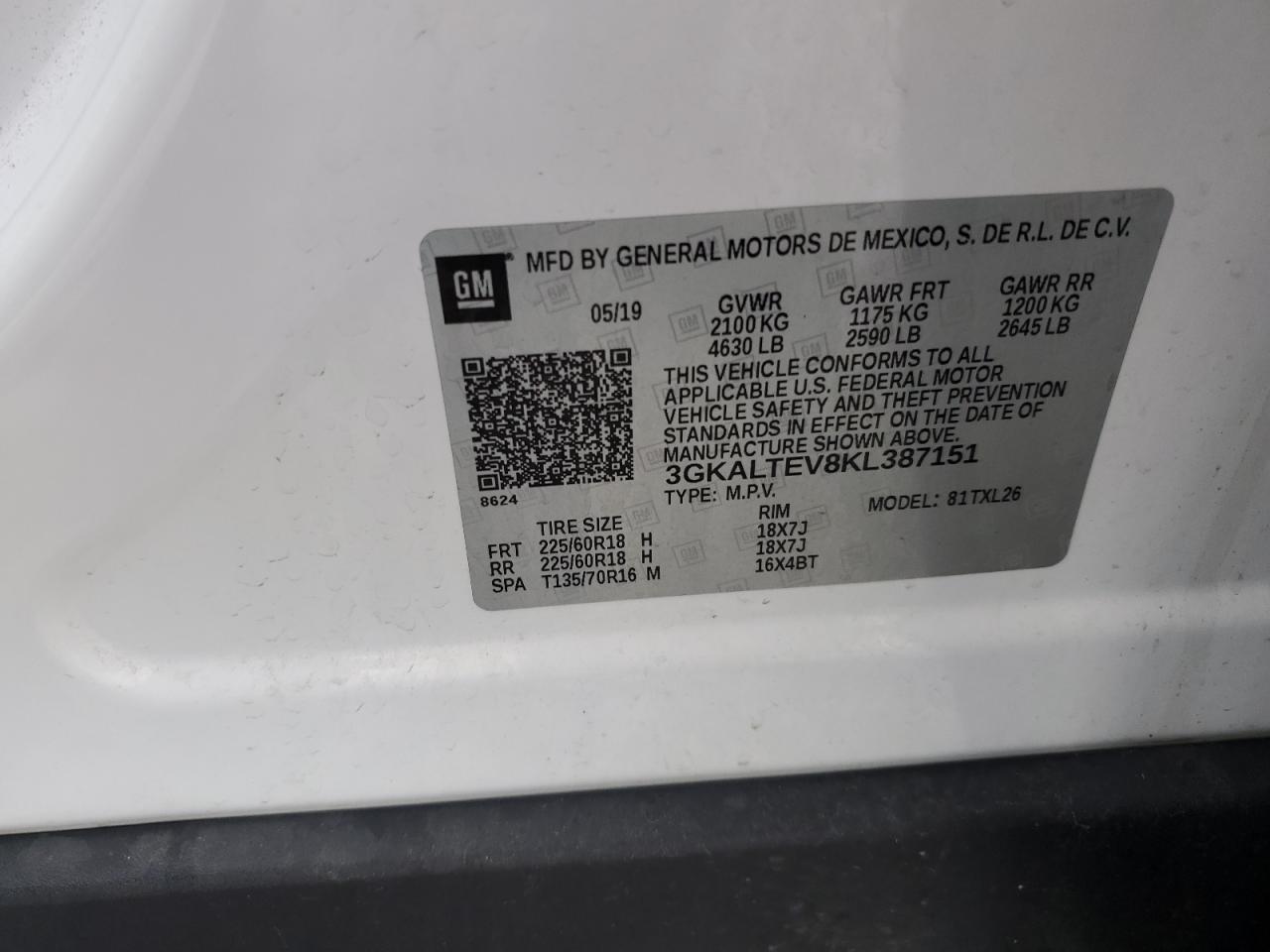 2019 GMC Terrain Sle VIN: 3GKALTEV8KL387151 Lot: 64726245