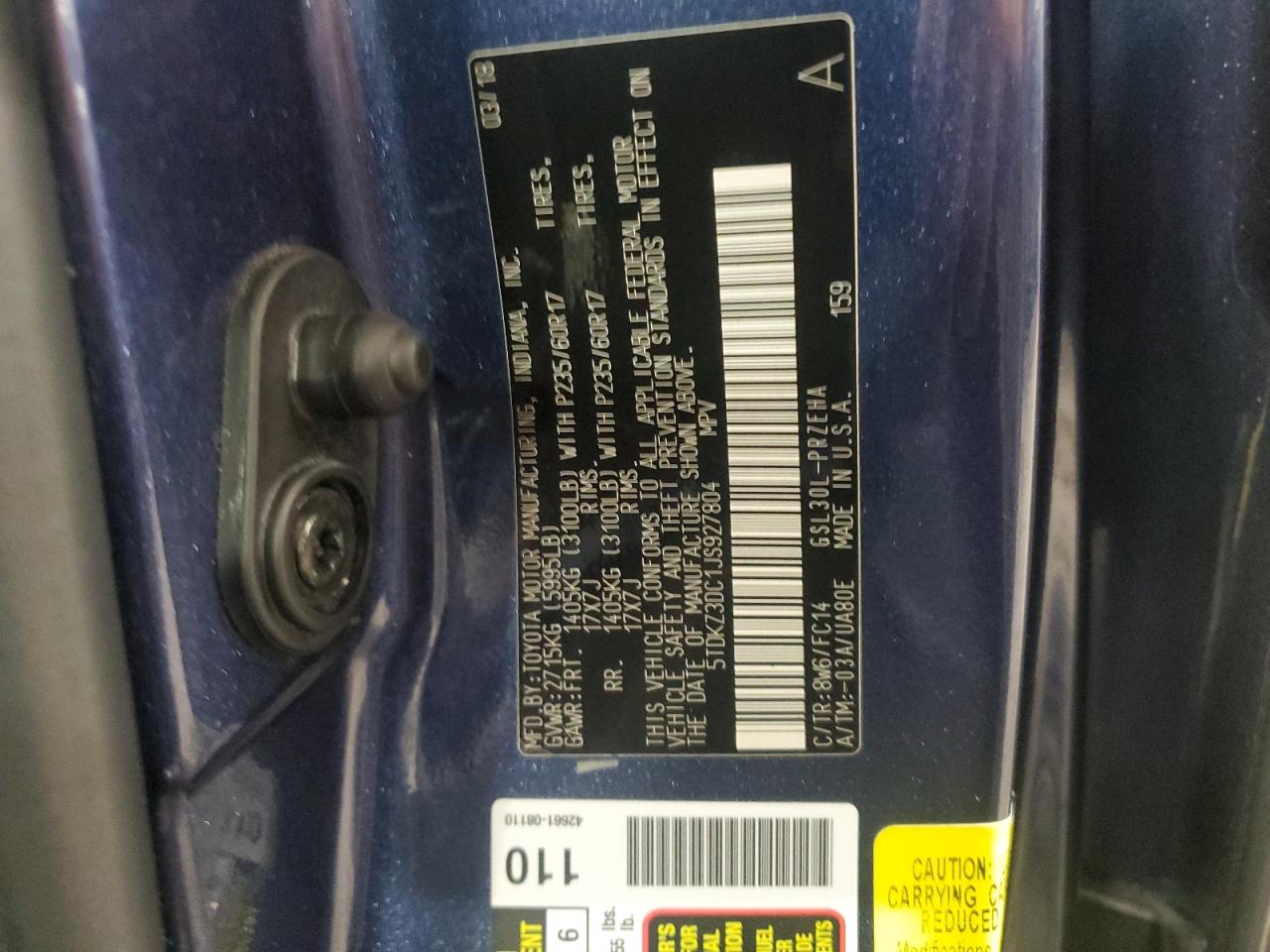 2018 Toyota Sienna Le VIN: 5TDKZ3DC1JS927804 Lot: 64985125