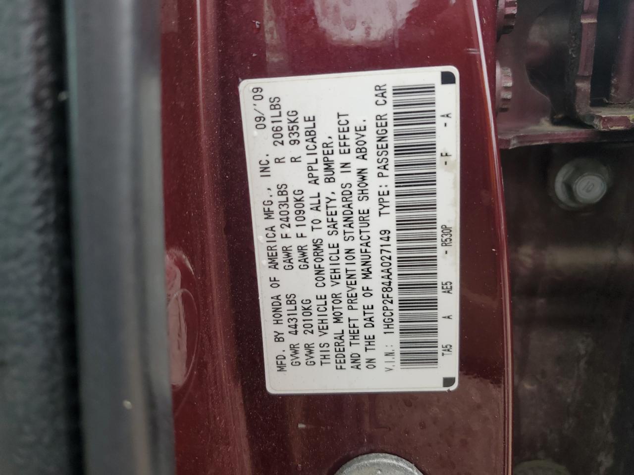 2010 Honda Accord Exl VIN: 1HGCP2F84AA027149 Lot: 65207415