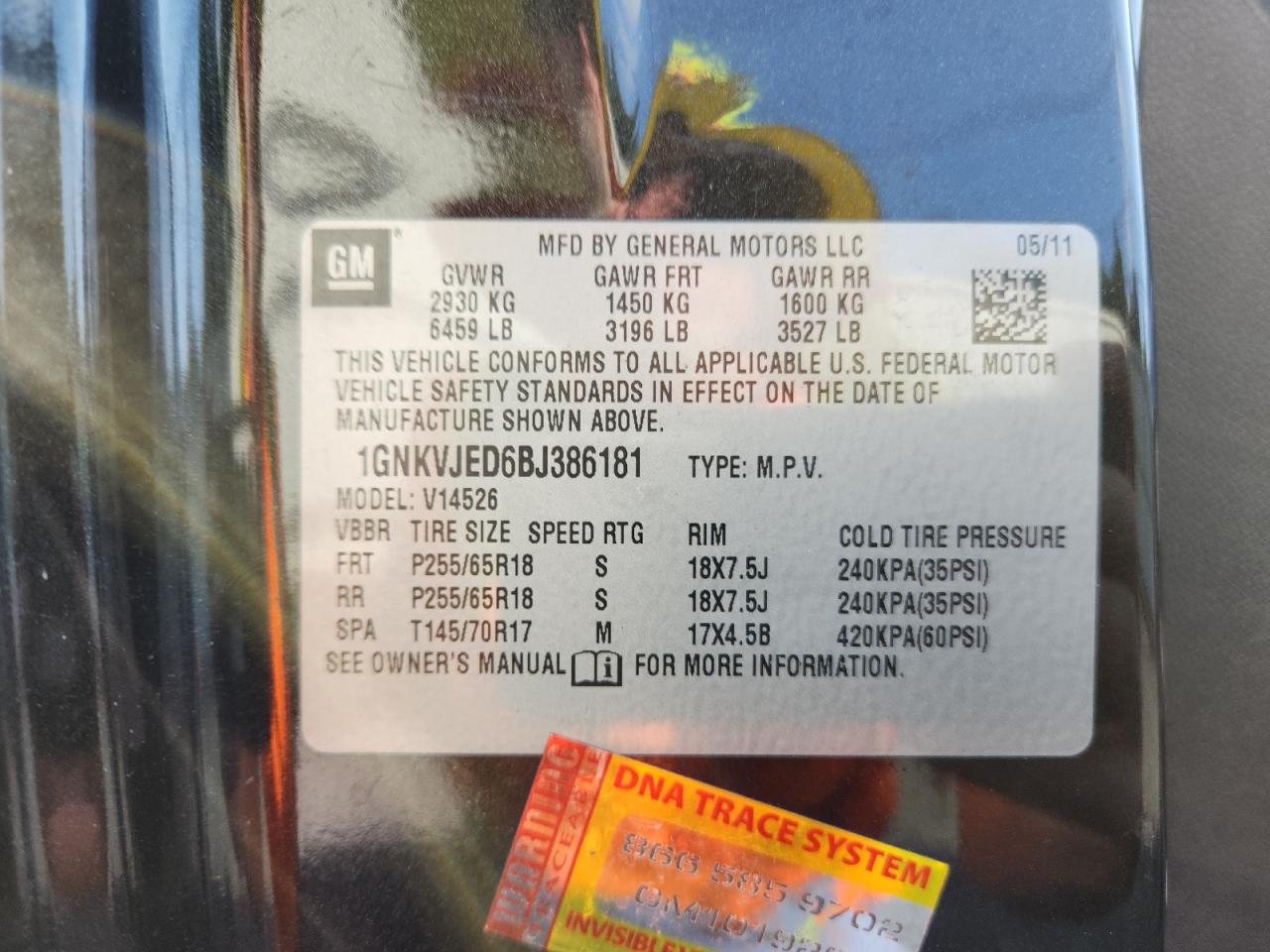 2011 Chevrolet Traverse Lt VIN: 1GNKVJED6BJ386181 Lot: 64745325