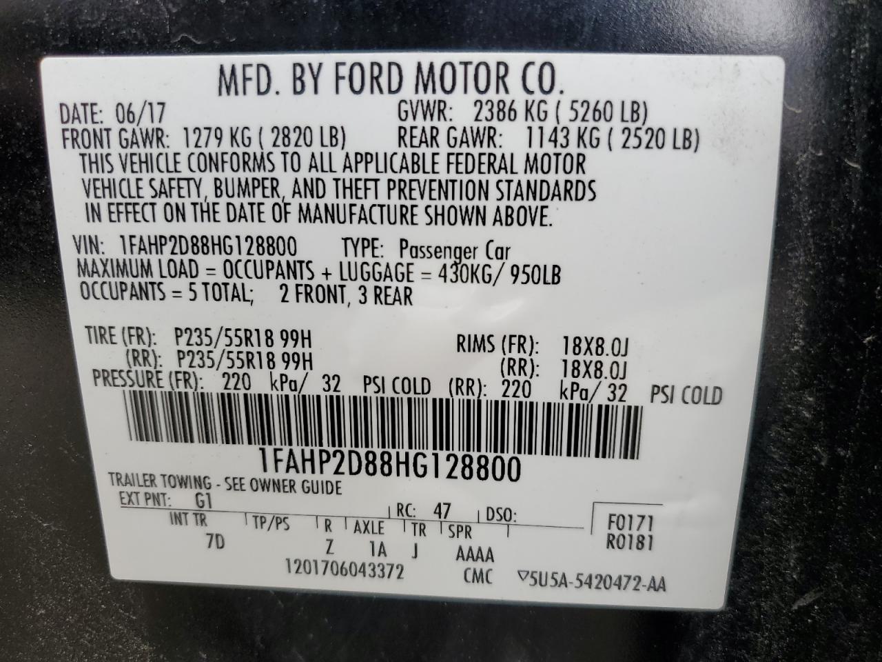 2017 Ford Taurus Se VIN: 1FAHP2D88HG128800 Lot: 65057185