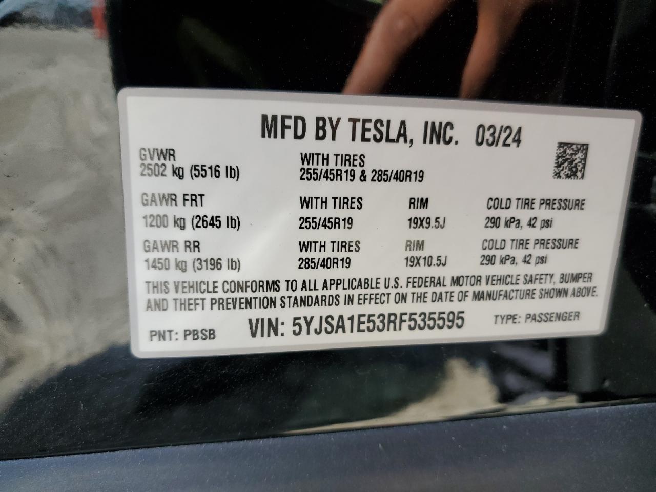 2024 Tesla Model S VIN: 5YJSA1E53RF535595 Lot: 64728185