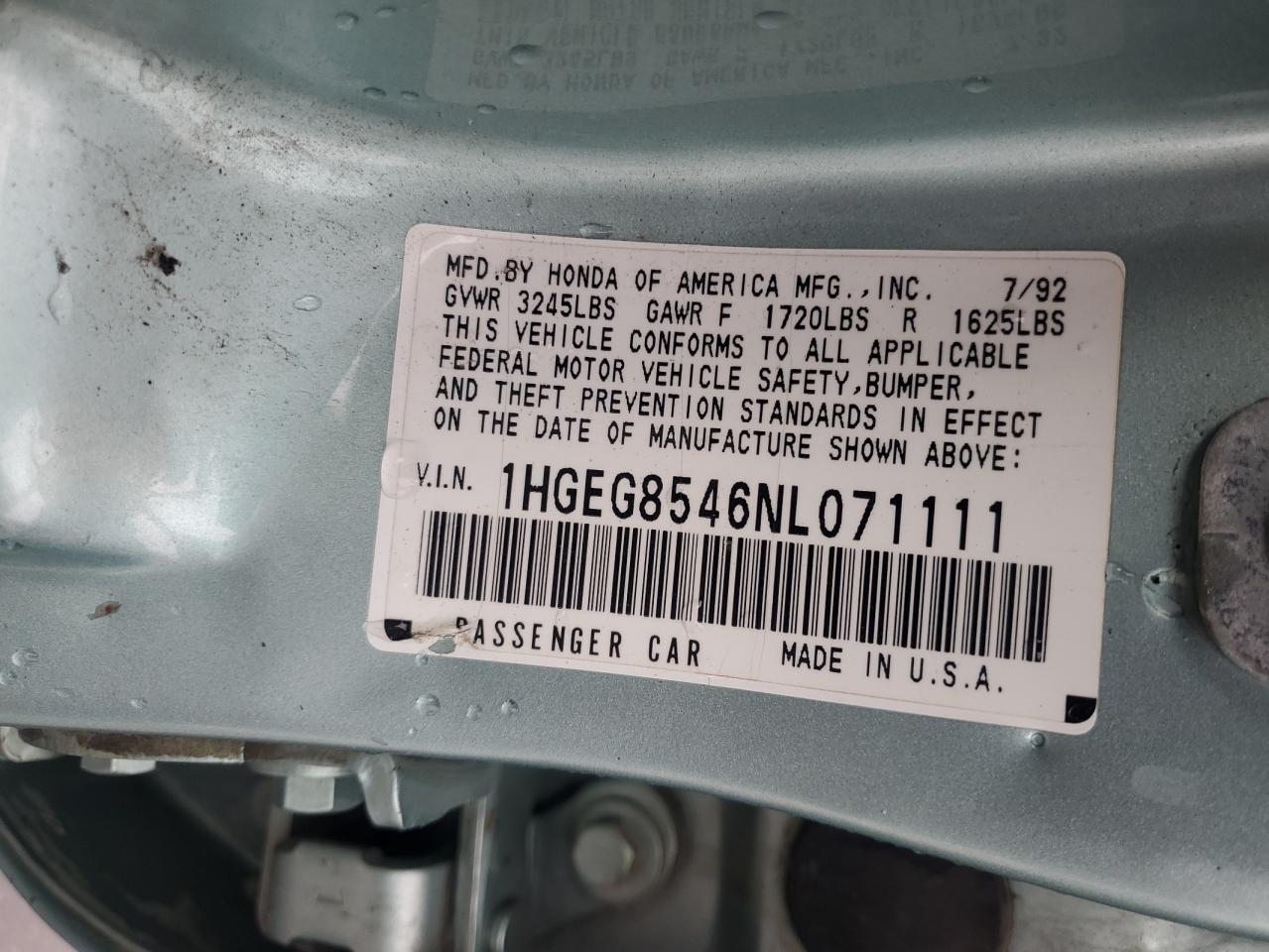 1992 Honda Civic Dx VIN: 1HGEG8546NL071111 Lot: 66563825