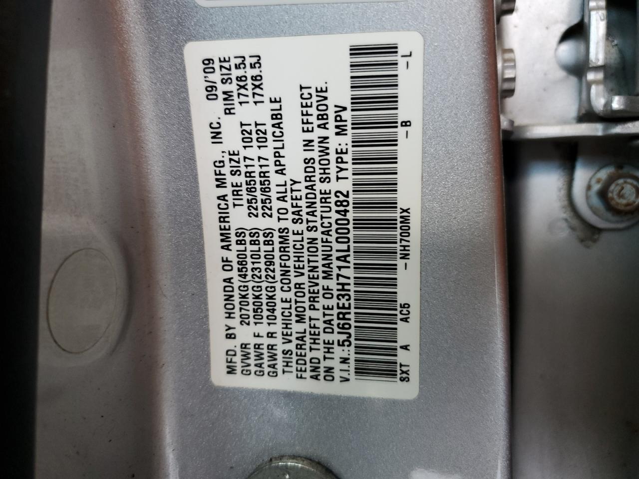 2010 Honda Cr-V Exl VIN: 5J6RE3H71AL000482 Lot: 64748425