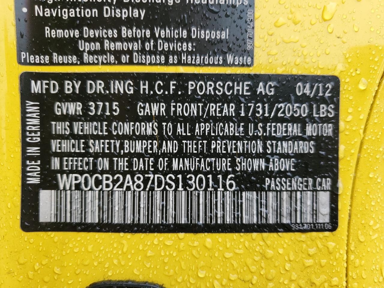 2013 Porsche Boxster S VIN: WP0CB2A87DS130116 Lot: 64066325