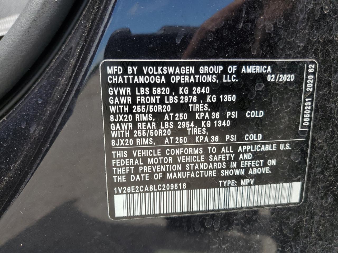 2020 Volkswagen Atlas Cross Sport Se VIN: 1V26E2CA8LC209516 Lot: 63756885
