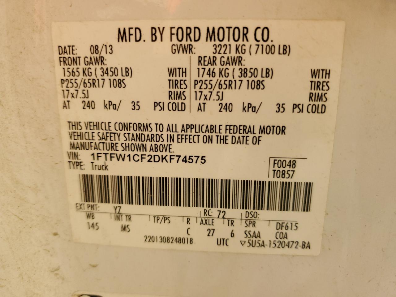 2013 Ford F150 Supercrew VIN: 1FTFW1CF2DKF74575 Lot: 66301945