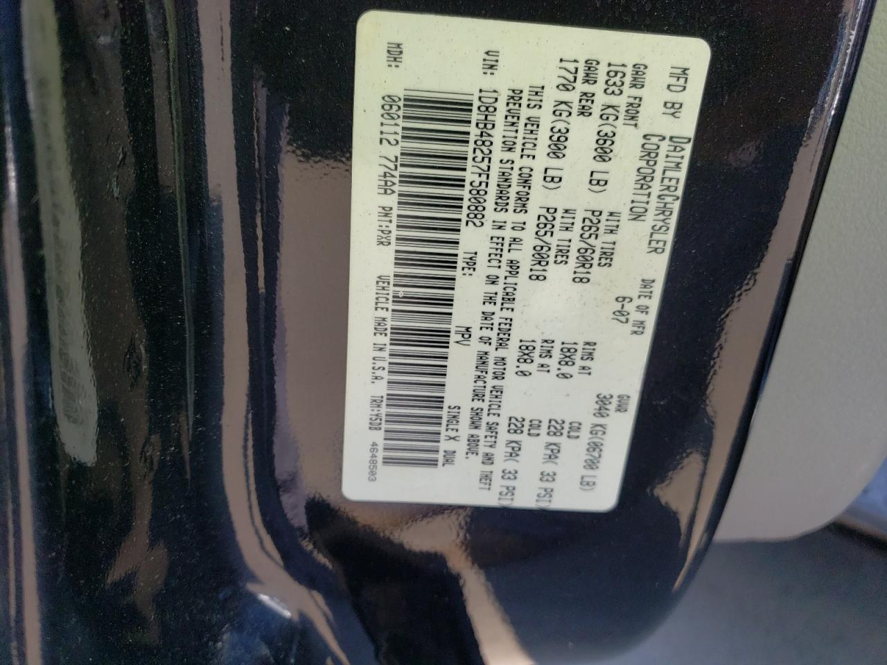 2007 Dodge Durango Slt VIN: 1D8HB48257F580882 Lot: 64552595