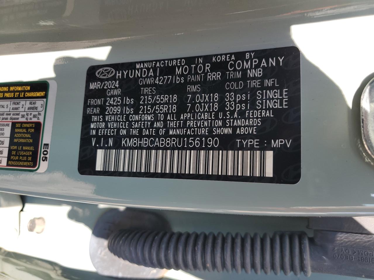 2024 Hyundai Kona Sel VIN: KM8HBCAB8RU156190 Lot: 62981525