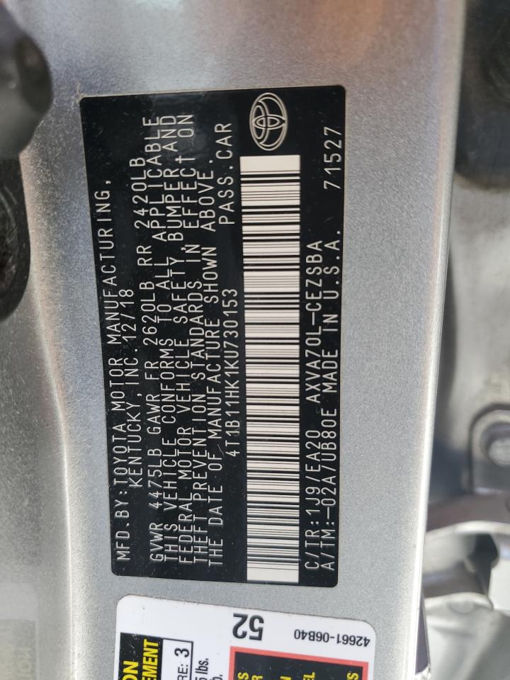 2019 Toyota Camry L VIN: 4T1B11HK1KU730153 Lot: 64254705