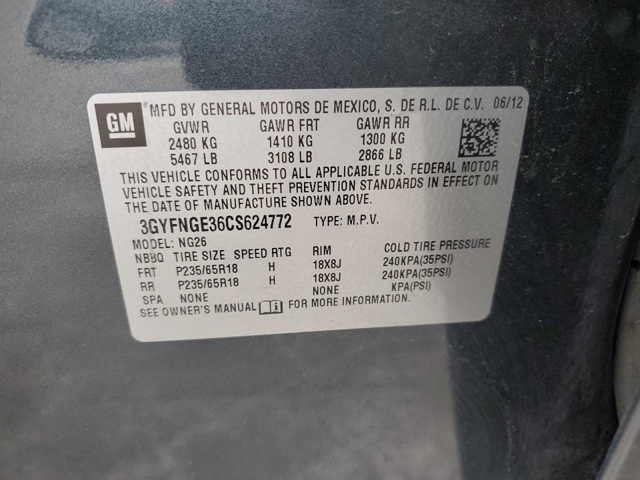 2012 Cadillac Srx VIN: 3GYFNGE36CS624772 Lot: 66040295