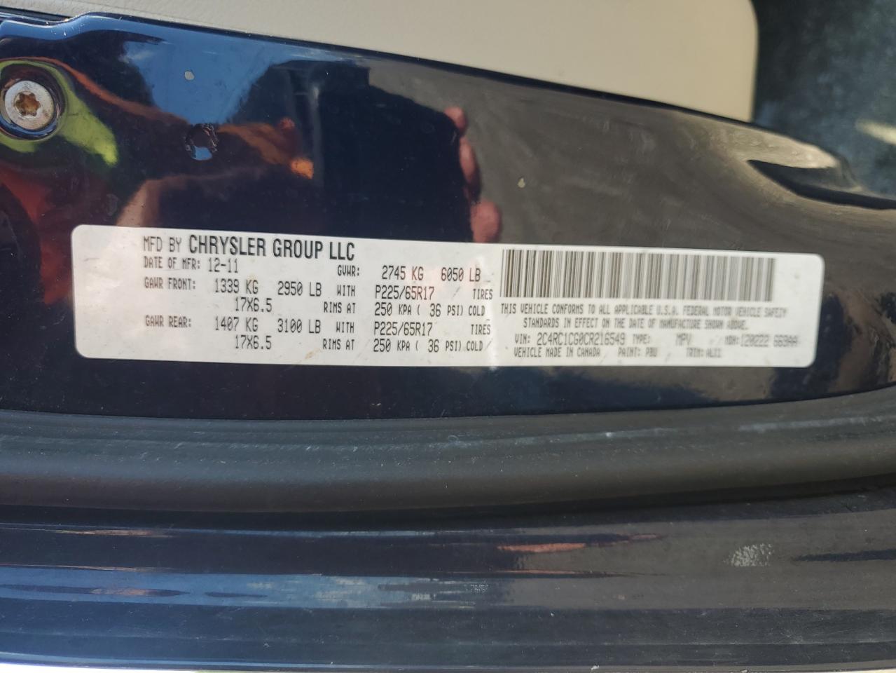 2012 Chrysler Town & Country Touring L VIN: 2C4RC1CG0CR216549 Lot: 66776075