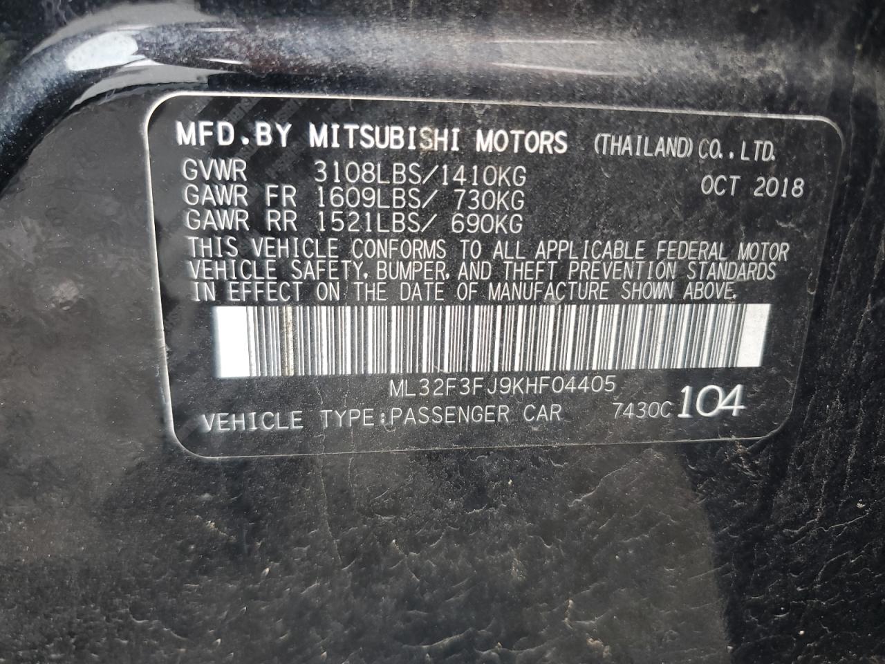 2019 Mitsubishi Mirage G4 Es VIN: ML32F3FJ9KHF04405 Lot: 63208555