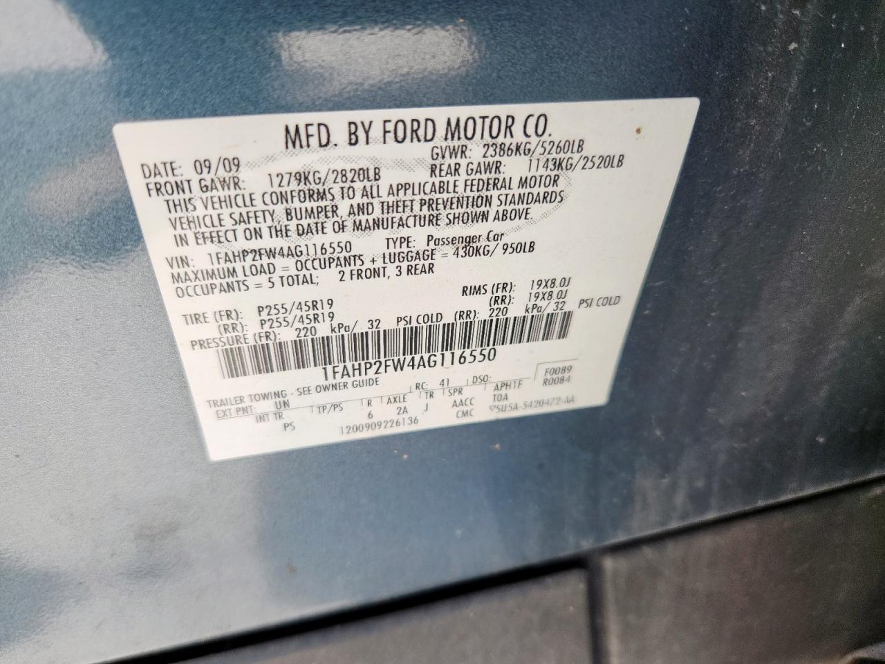 2010 Ford Taurus Limited VIN: 1FAHP2FW4AG116550 Lot: 63428535