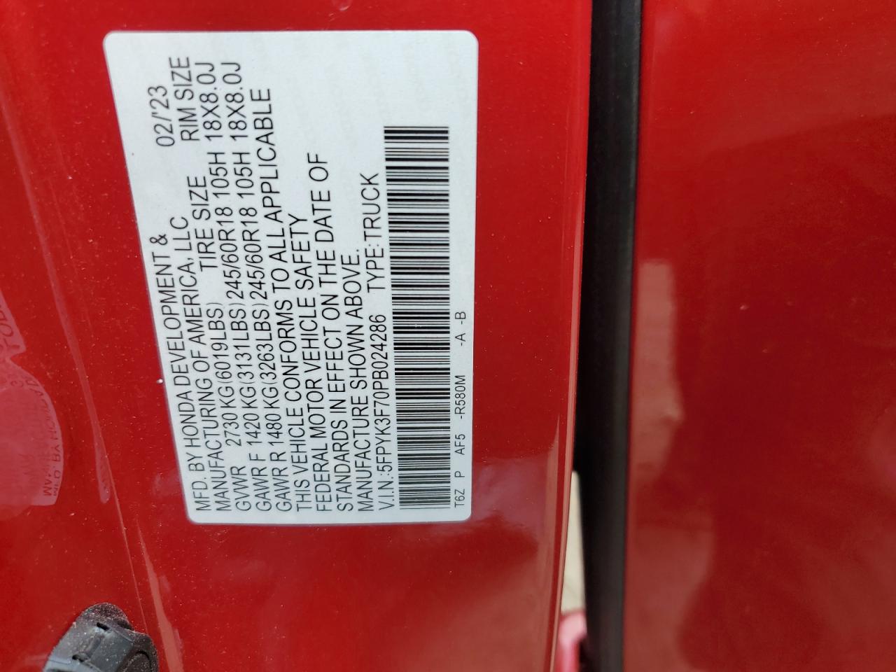 2023 Honda Ridgeline Rtl-E VIN: 5FPYK3F70PB024286 Lot: 63383395