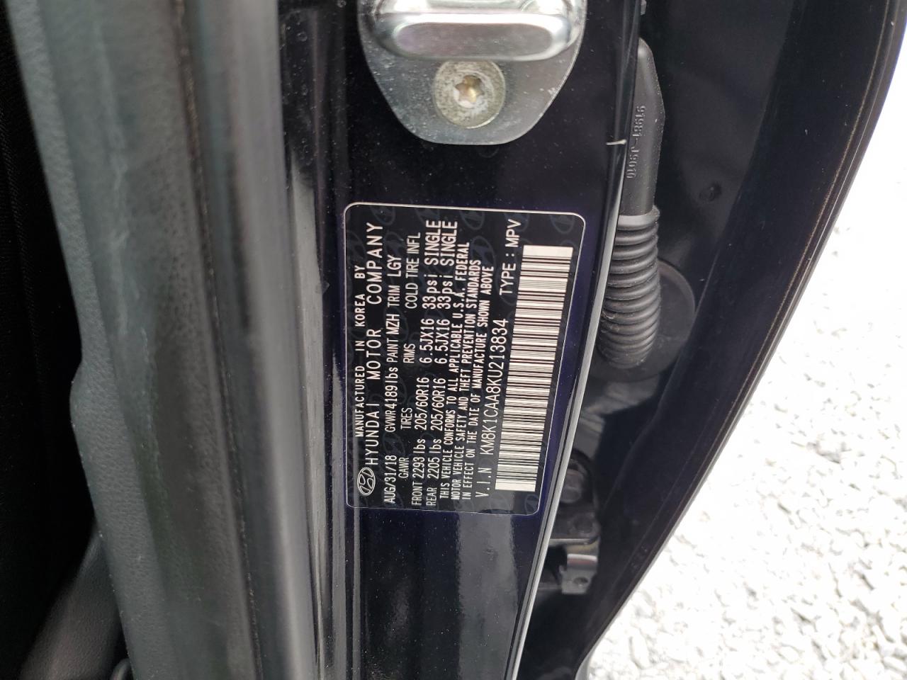 2019 Hyundai Kona Se VIN: KM8K1CAA8KU213834 Lot: 81049135