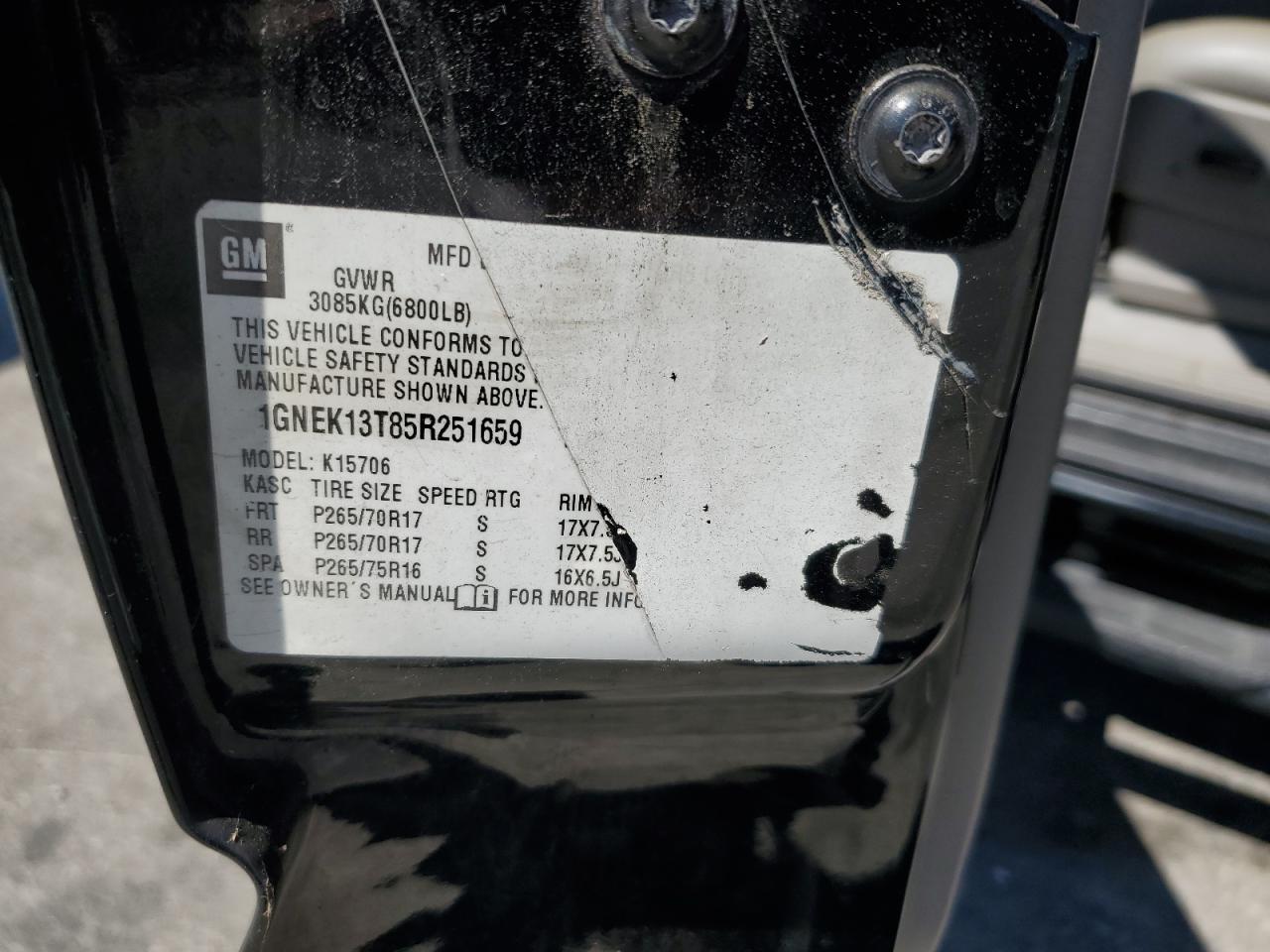 2005 Chevrolet Tahoe K1500 VIN: 1GNEK13T85R251659 Lot: 66389005