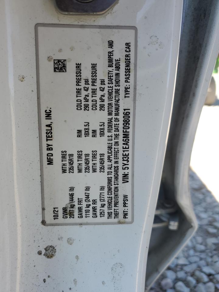 2021 Tesla Model 3 VIN: 5YJ3E1EA6MF098061 Lot: 66001875