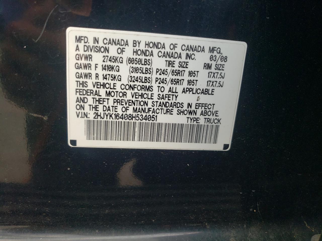 2008 Honda Ridgeline Rts VIN: 2HJYK16408H534051 Lot: 65144895