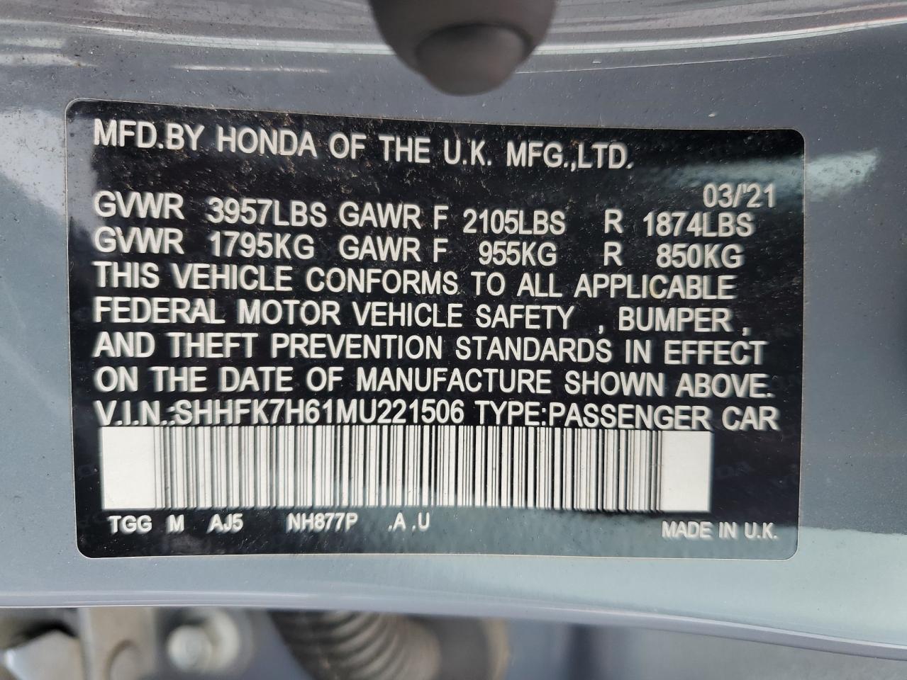 2021 Honda Civic Ex VIN: SHHFK7H61MU221506 Lot: 64203485
