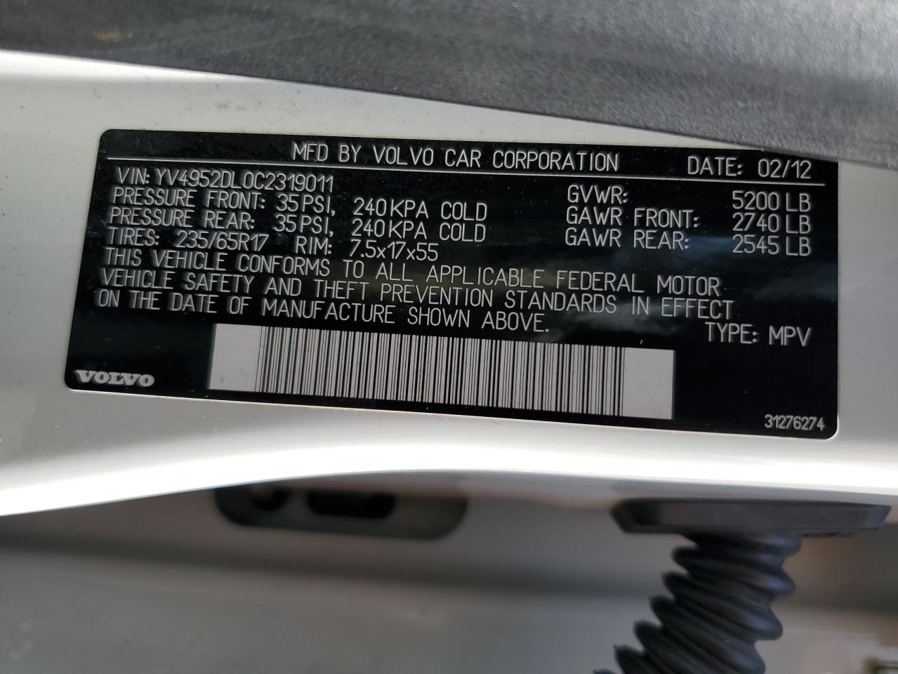 2012 Volvo Xc60 3.2 VIN: YV4952DL0C2319011 Lot: 64731785