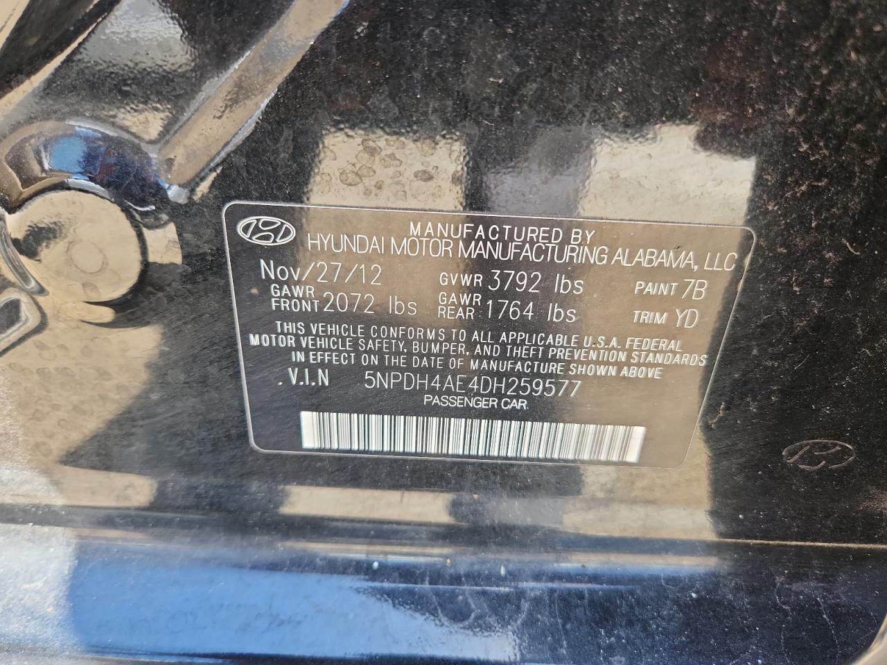 2013 Hyundai Elantra Gls VIN: 5NPDH4AE4DH259577 Lot: 65336855