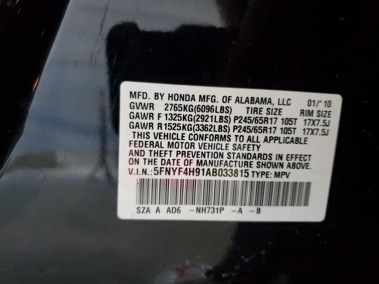 2010 Honda Pilot Touring VIN: 5FNYF4H91AB033815 Lot: 65589255