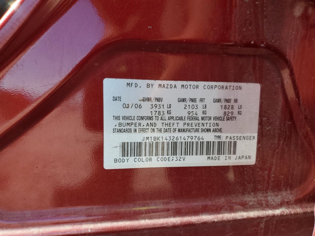 2006 Mazda 3 Hatchback VIN: JM1BK143261479764 Lot: 63017855