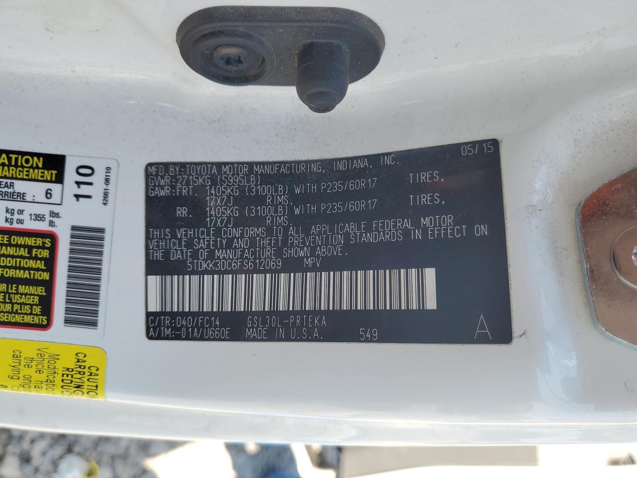 2015 Toyota Sienna Le VIN: 5TDKK3DC6FS612069 Lot: 62186665