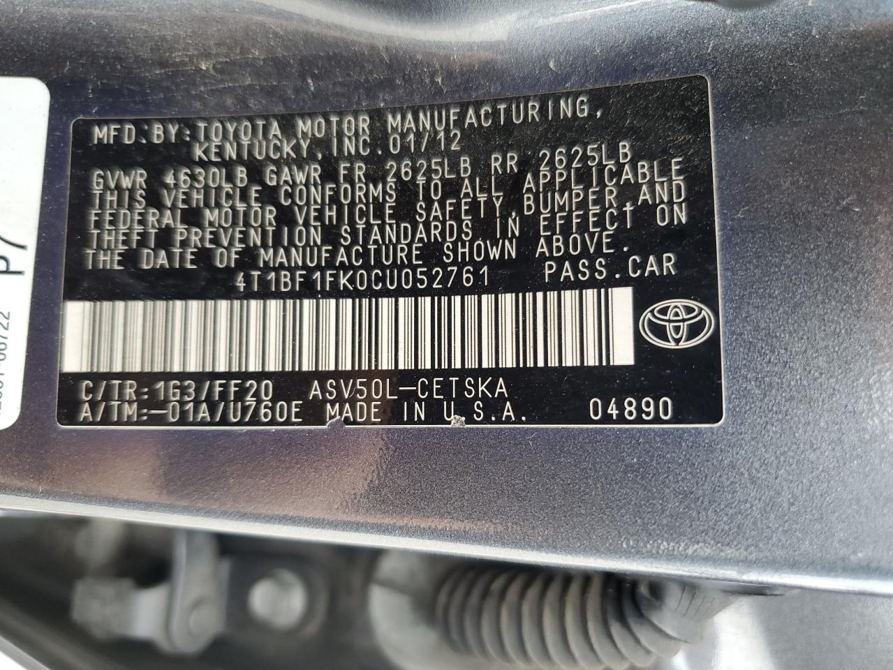 2012 Toyota Camry Base VIN: 4T1BF1FK0CU052761 Lot: 65233465