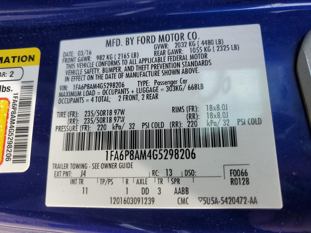 2016 Ford Mustang VIN: 1FA6P8AM4G5298206 Lot: 64372775