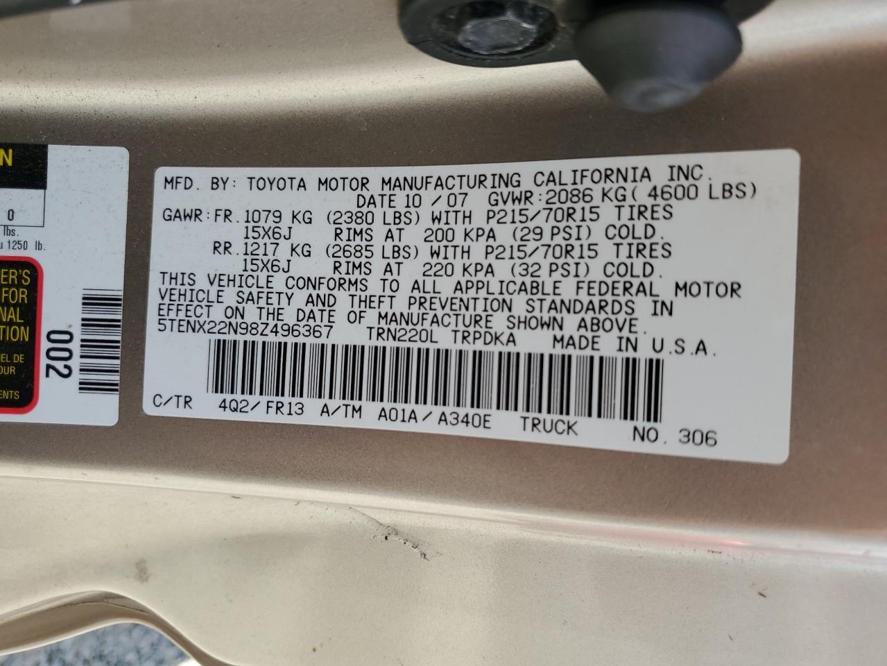 2008 Toyota Tacoma VIN: 5TENX22N98Z496367 Lot: 64135655
