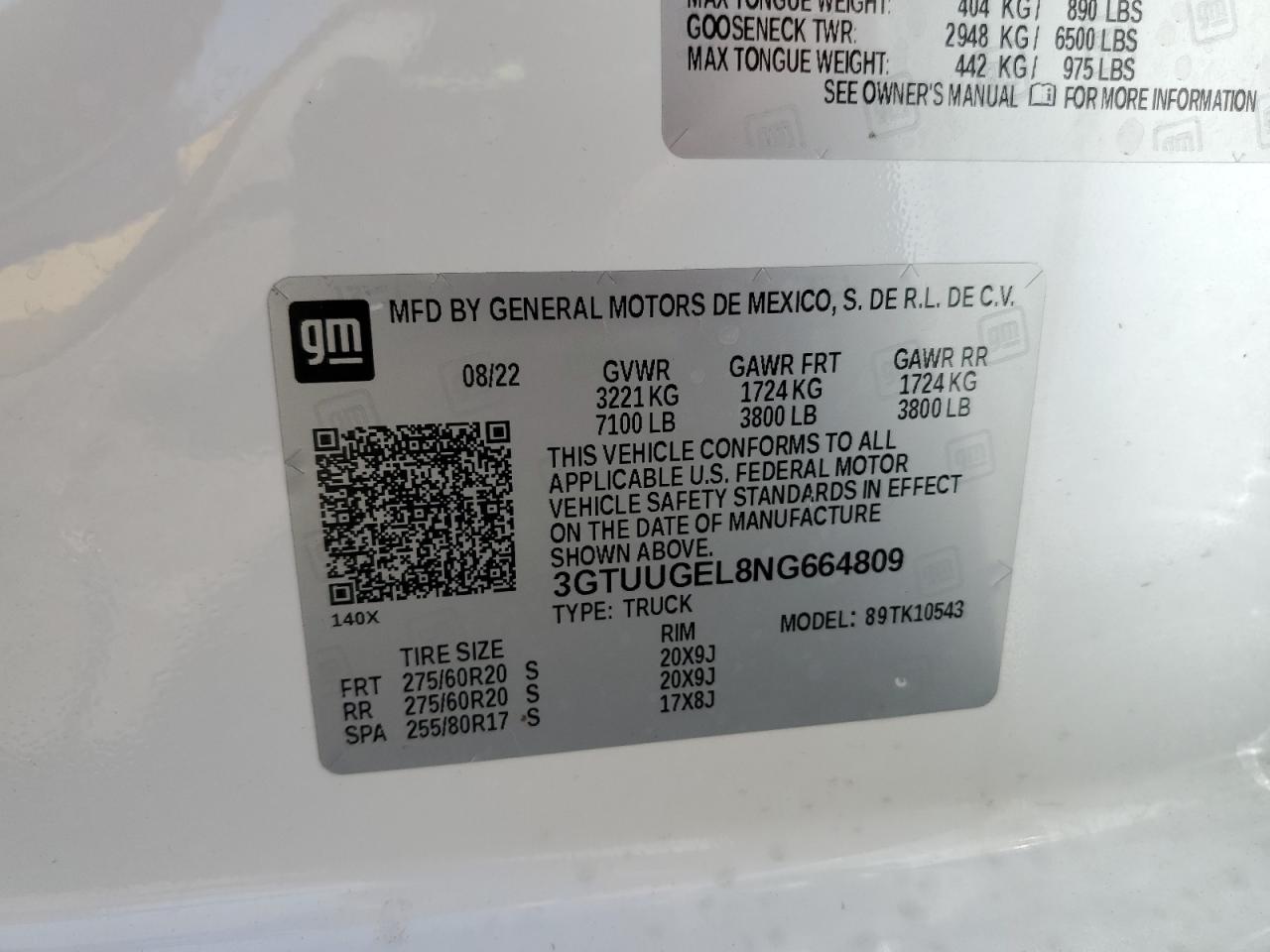 2022 GMC Sierra K1500 Denali VIN: 3GTUUGEL8NG664809 Lot: 64125645
