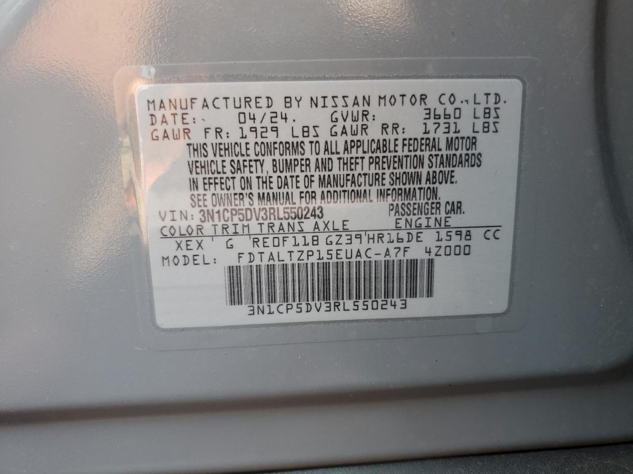 2024 Nissan Kicks Sr VIN: 3N1CP5DV3RL550243 Lot: 64757935