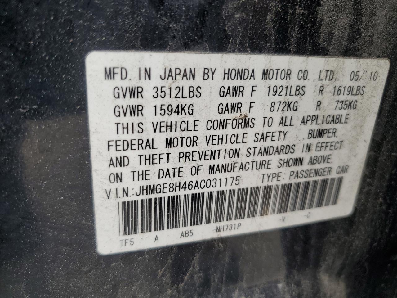 2010 Honda Fit Sport VIN: JHMGE8H46AC031175 Lot: 62150095