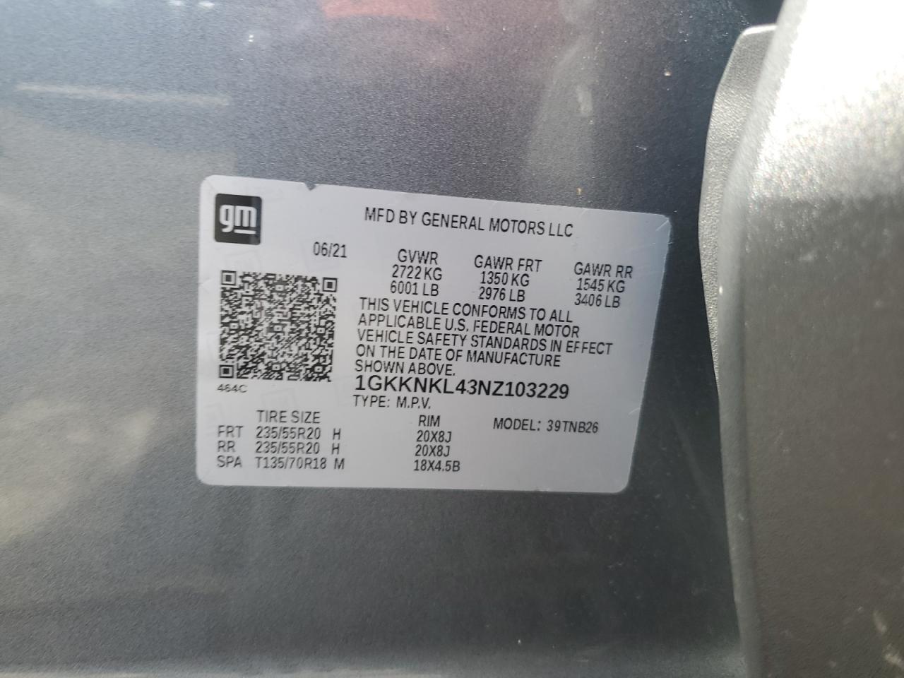 2022 GMC Acadia Sle VIN: 1GKKNKL43NZ103229 Lot: 64607025