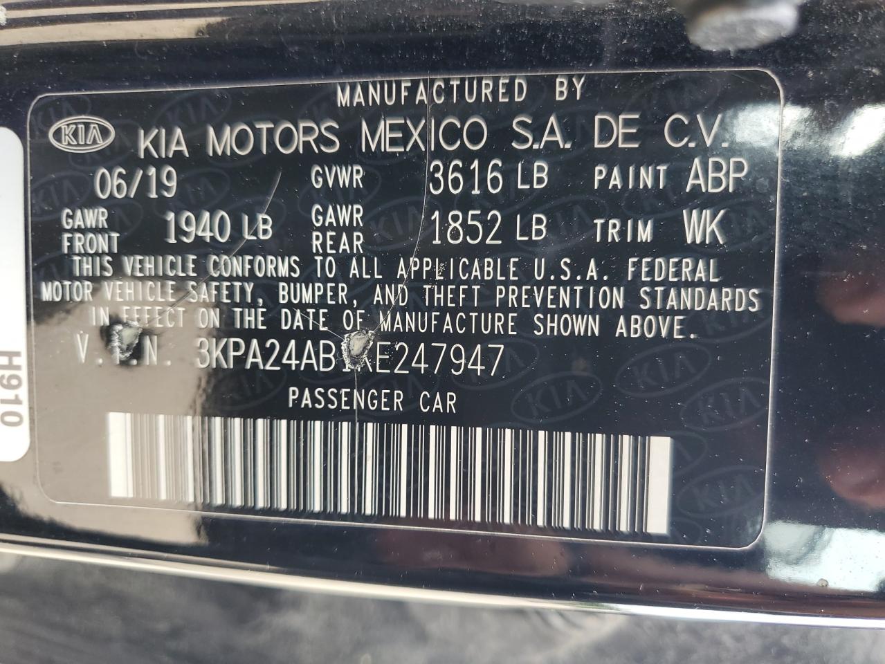 2019 Kia Rio S VIN: 3KPA24AB1KE247947 Lot: 64371995