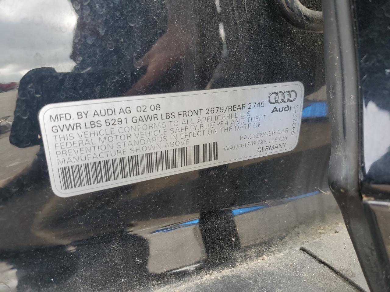 2008 Audi A6 3.2 Quattro VIN: WAUDH74F78N116728 Lot: 64983895