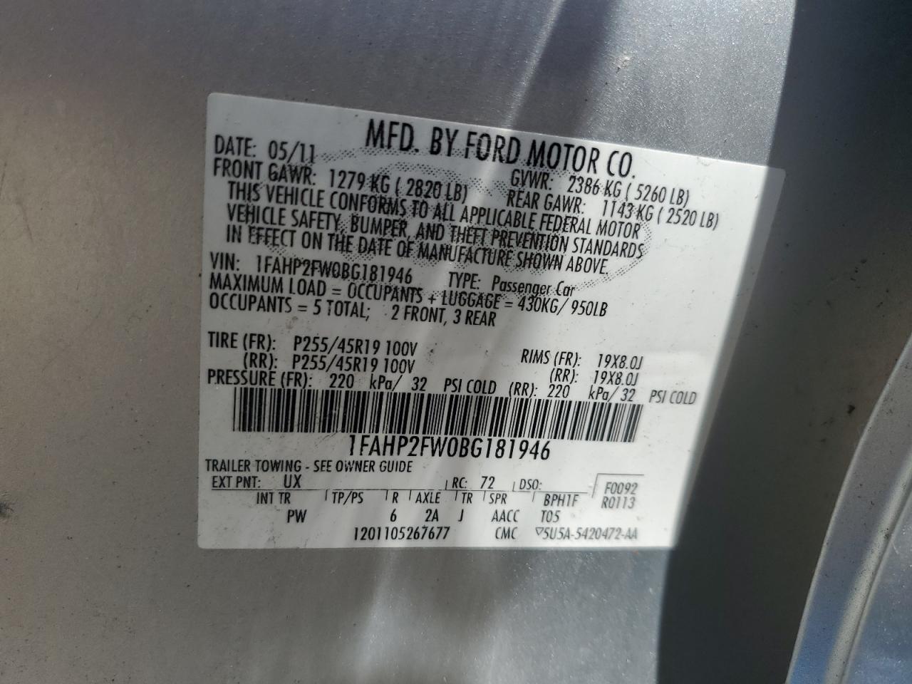 2011 Ford Taurus Limited VIN: 1FAHP2FW0BG181946 Lot: 66258425